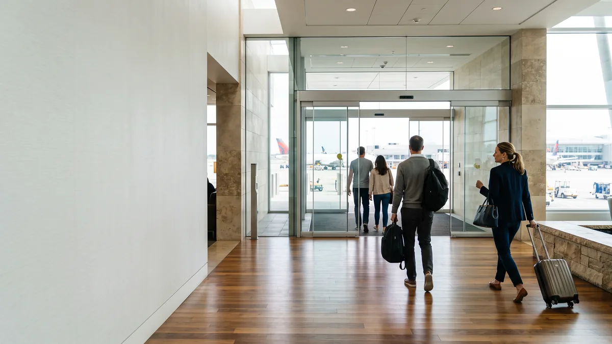 El acceso de vidrio a un salón de aeropuerto, con viajeros entrando