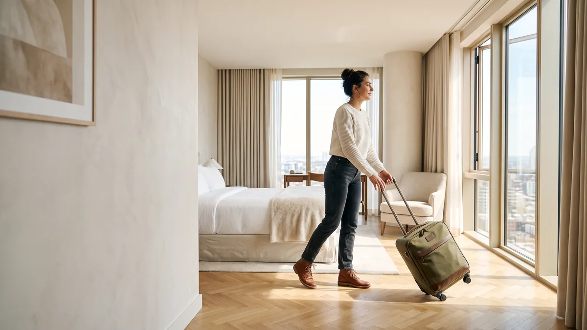 Una viajera deja su maleta en una habitación de hotel con las cortinas abiertas