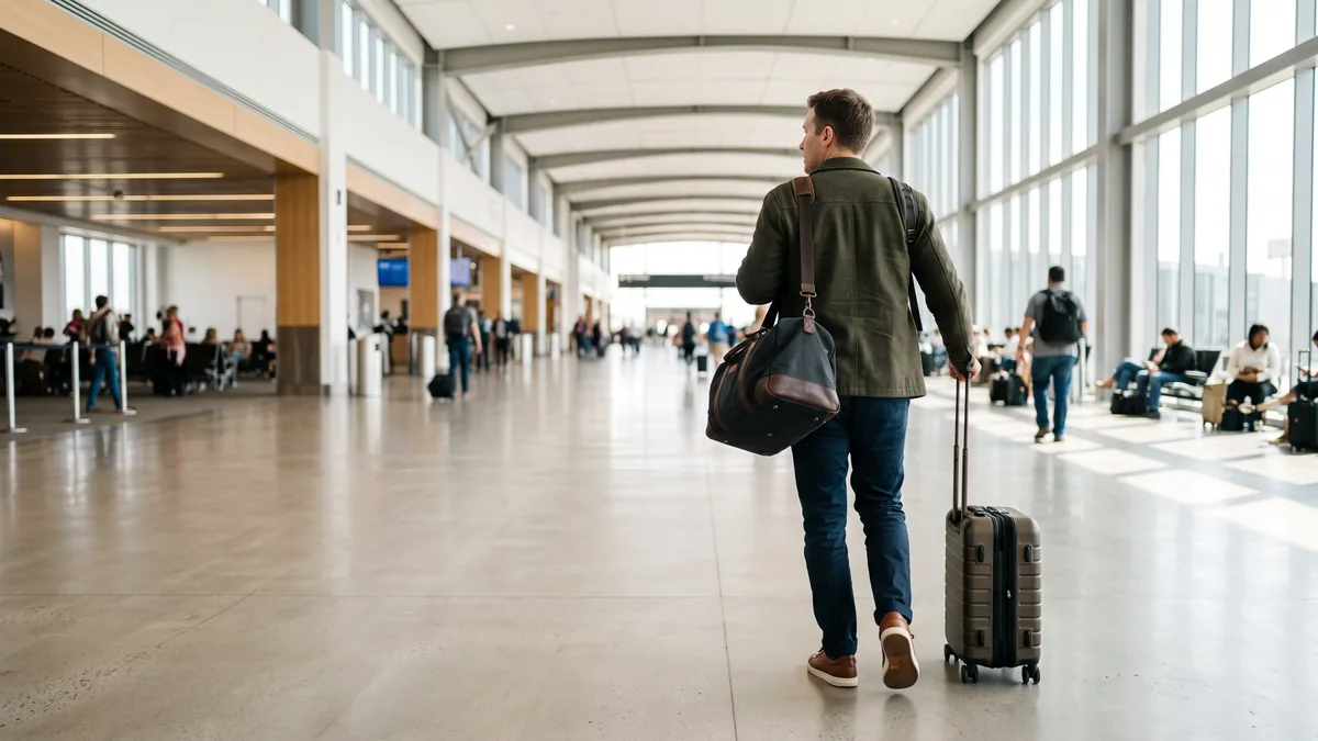 Un viajero cruza el amplio pasillo de un aeropuerto estadounidense con su equipaje