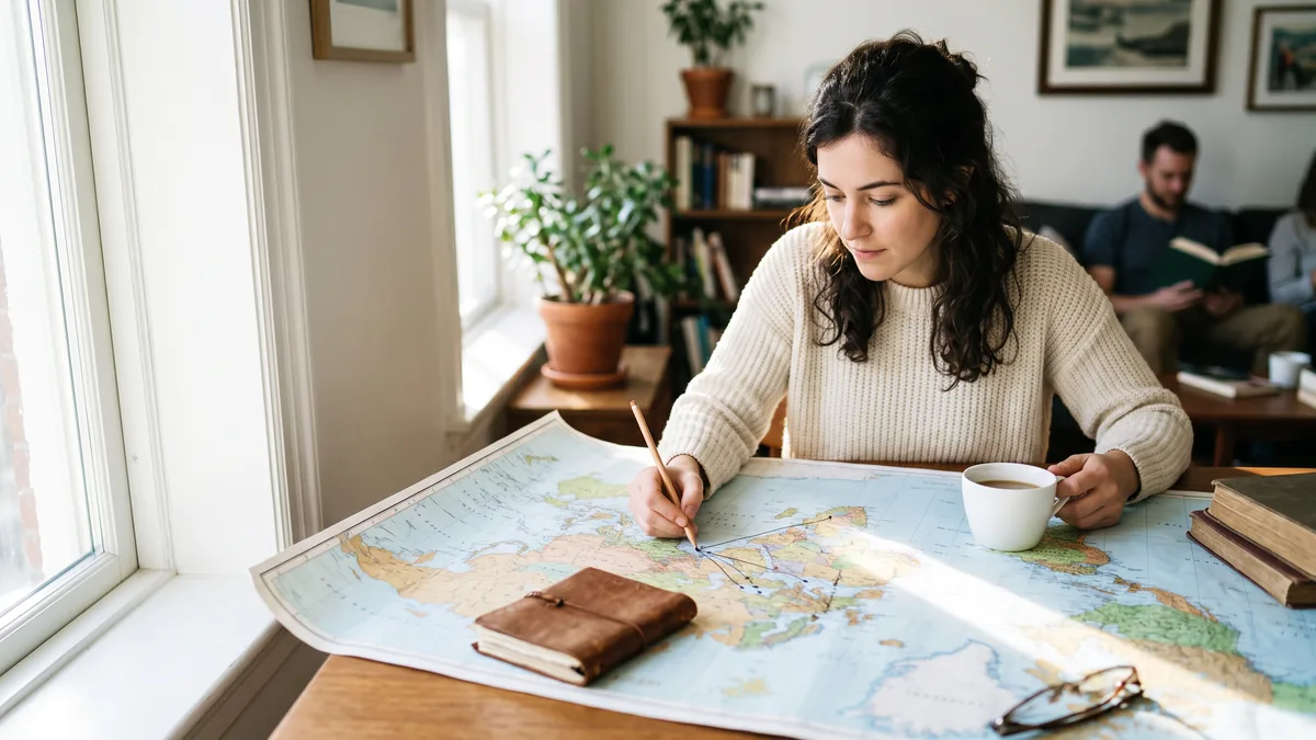 Una persona marca destinos sobre un mapa del mundo desplegado en su escritorio