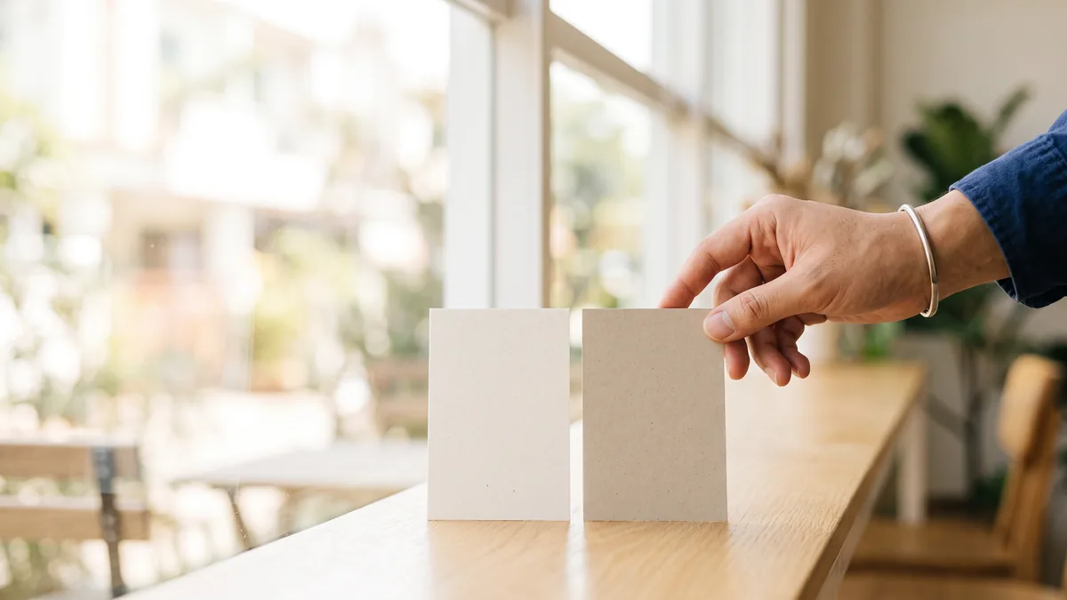 Dos tarjetas sin marca, una junto a la otra, mientras una mano elige