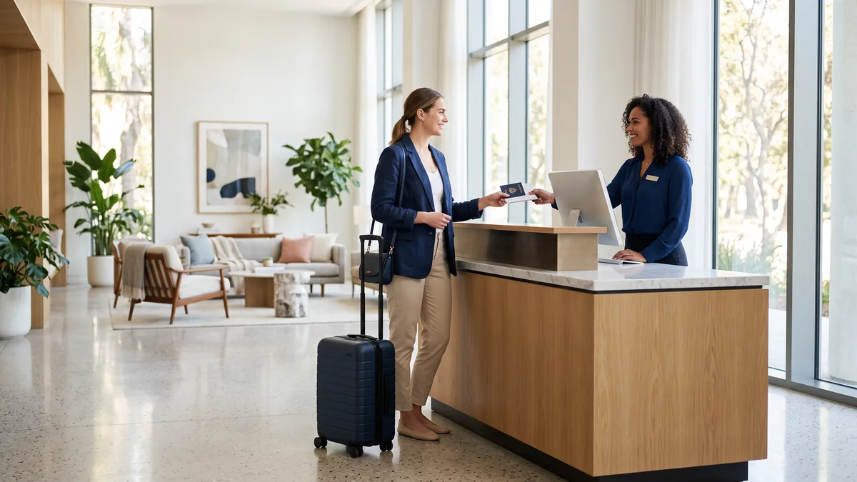 Una viajera hace el check-in en la recepción de un hotel, con su maleta al lado