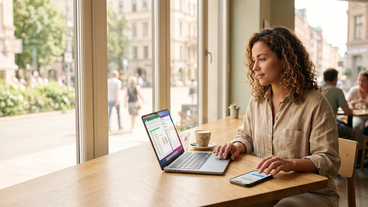Una persona usa el computador y el teléfono a la vez en la mesa de un café