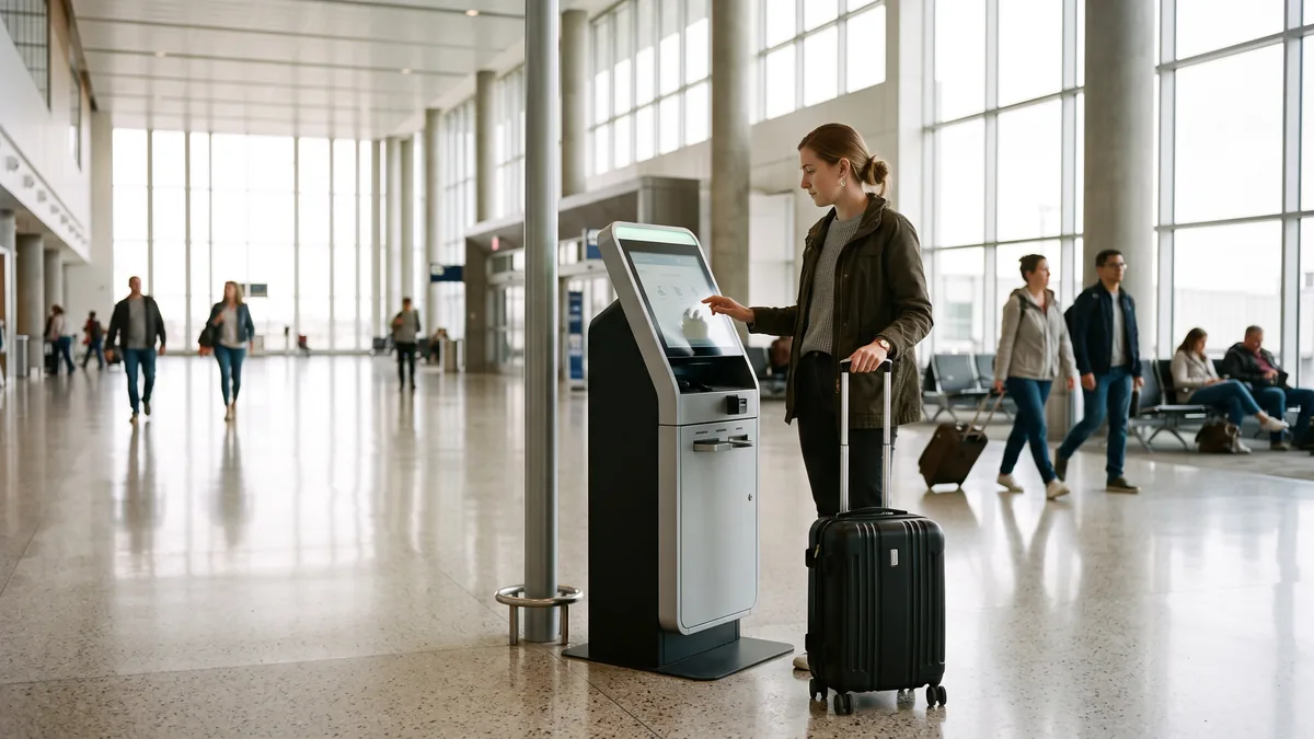 Una viajera hace su check-in en un kiosco de autoservicio, con la maleta al lado