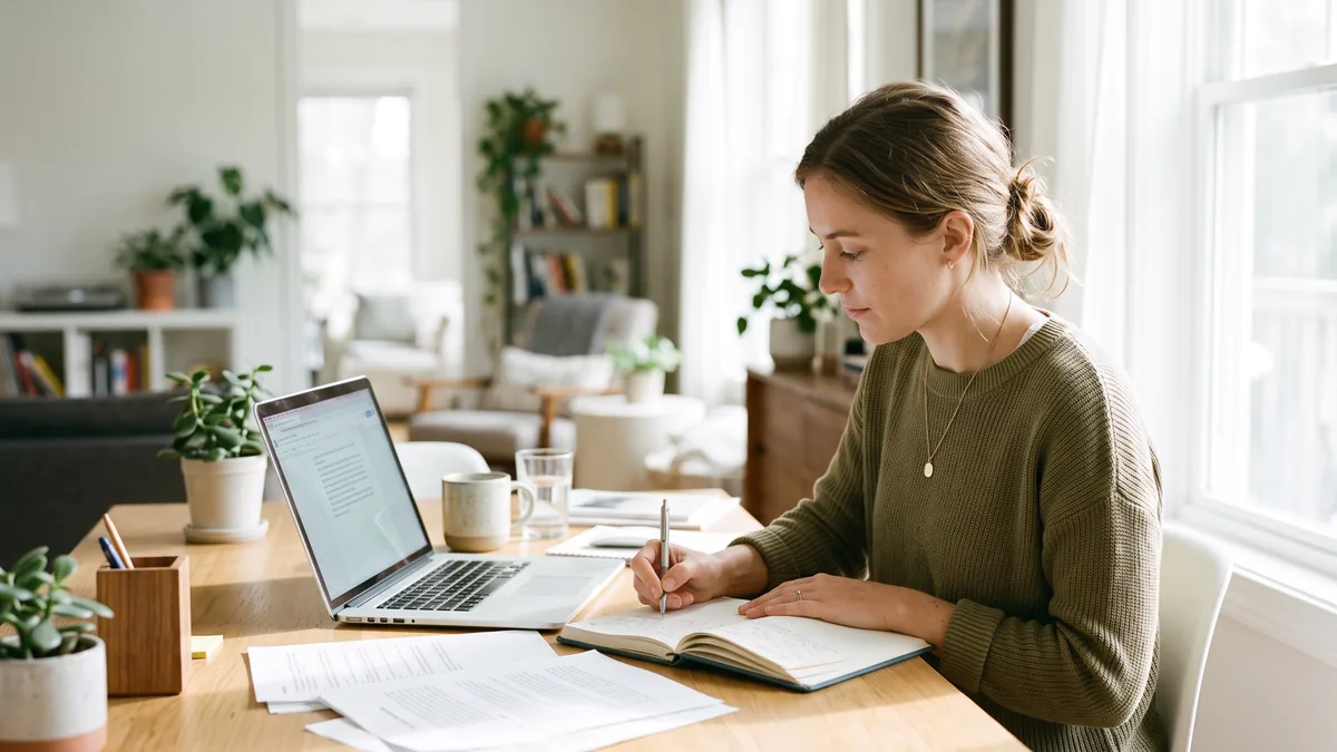Una persona escribe en una libreta junto al computador, con documentos sobre la mesa