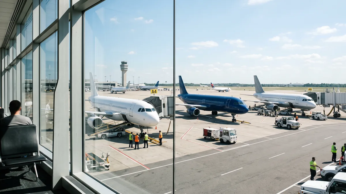 Tres aviones alineados en sus puertas, vistos desde el ventanal del terminal
