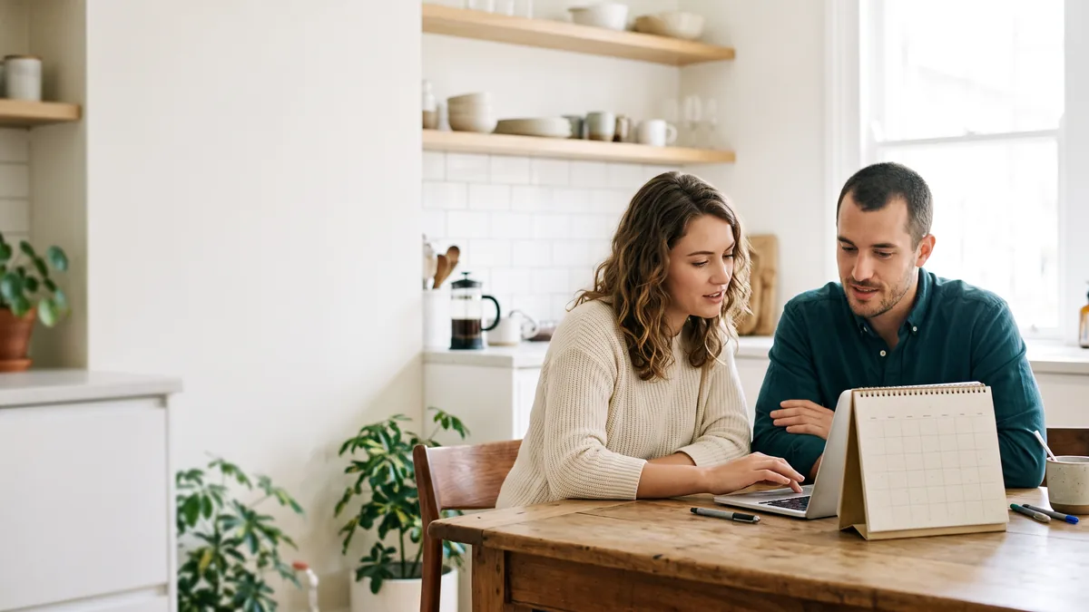Una pareja decide fechas frente al computador, con un calendario de pared al lado