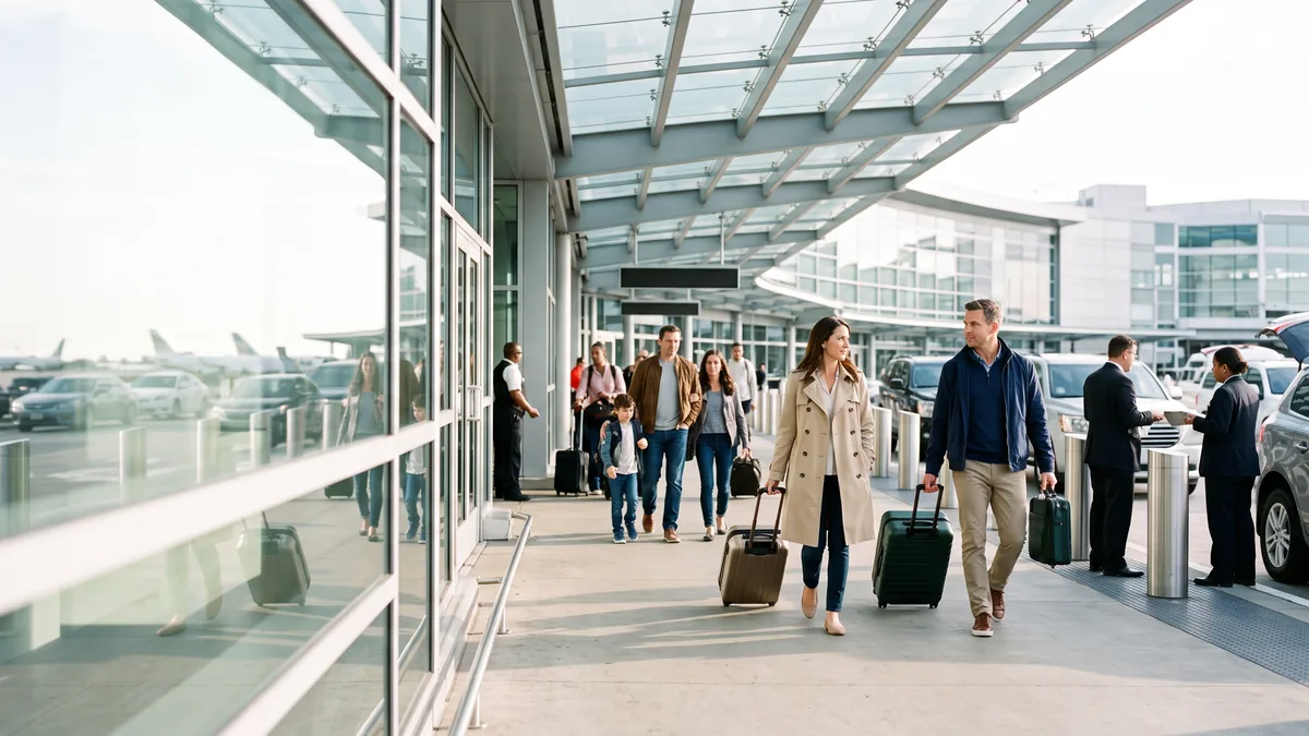 Viajeros llegan con sus maletas a la vereda de salidas del aeropuerto