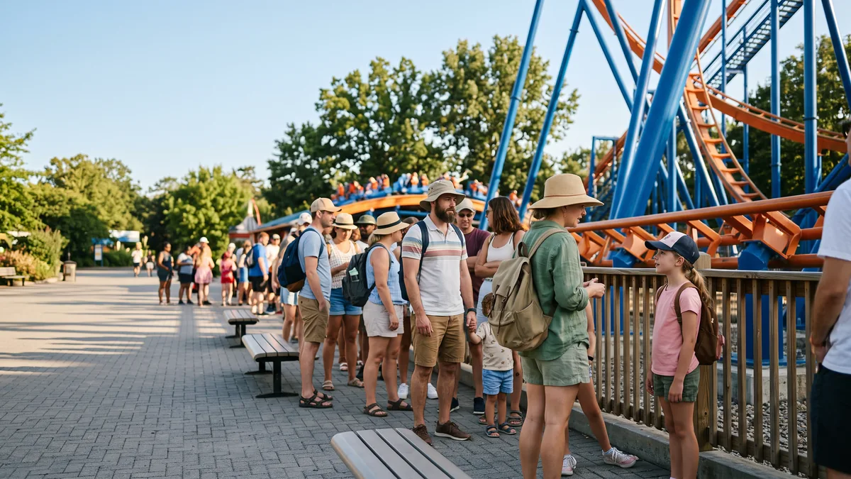 Visitantes en la fila de una atracción de un parque temático, con sol de tarde