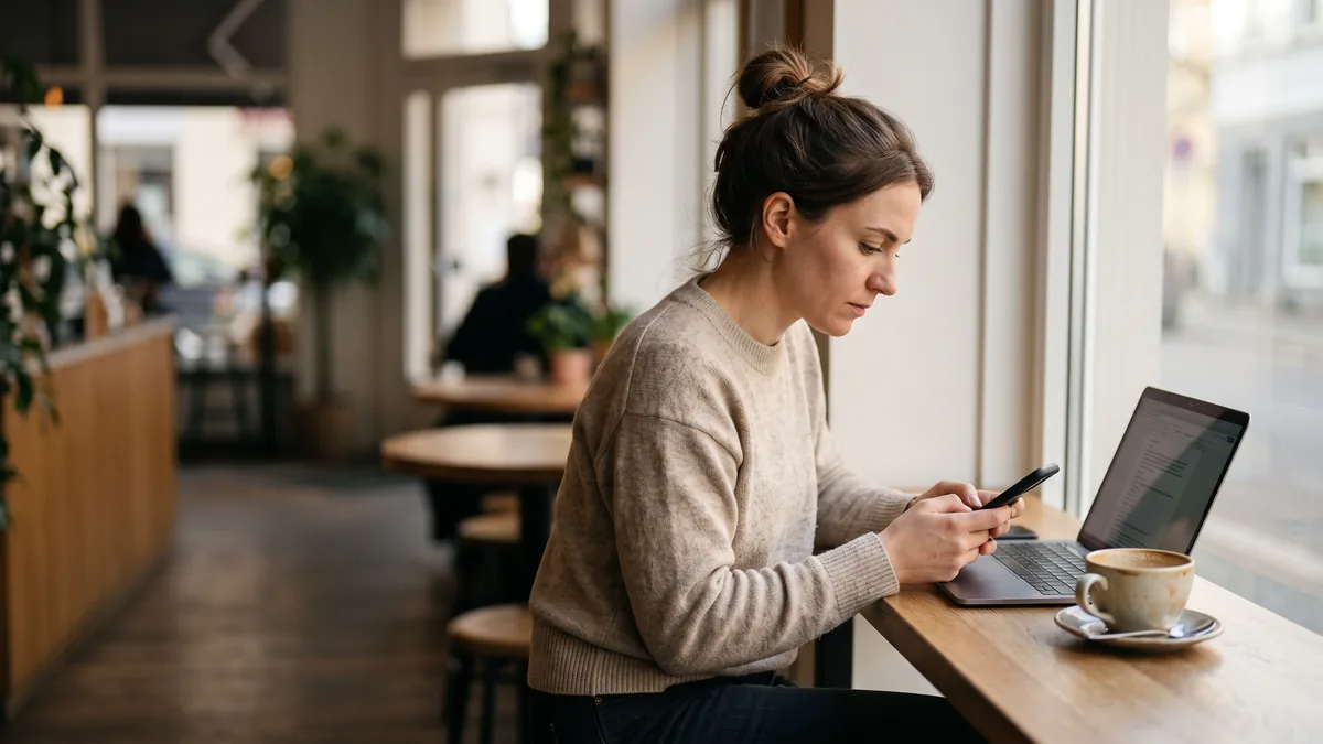 Una persona mira atenta su teléfono en la mesa de un café, con el computador abierto al lado