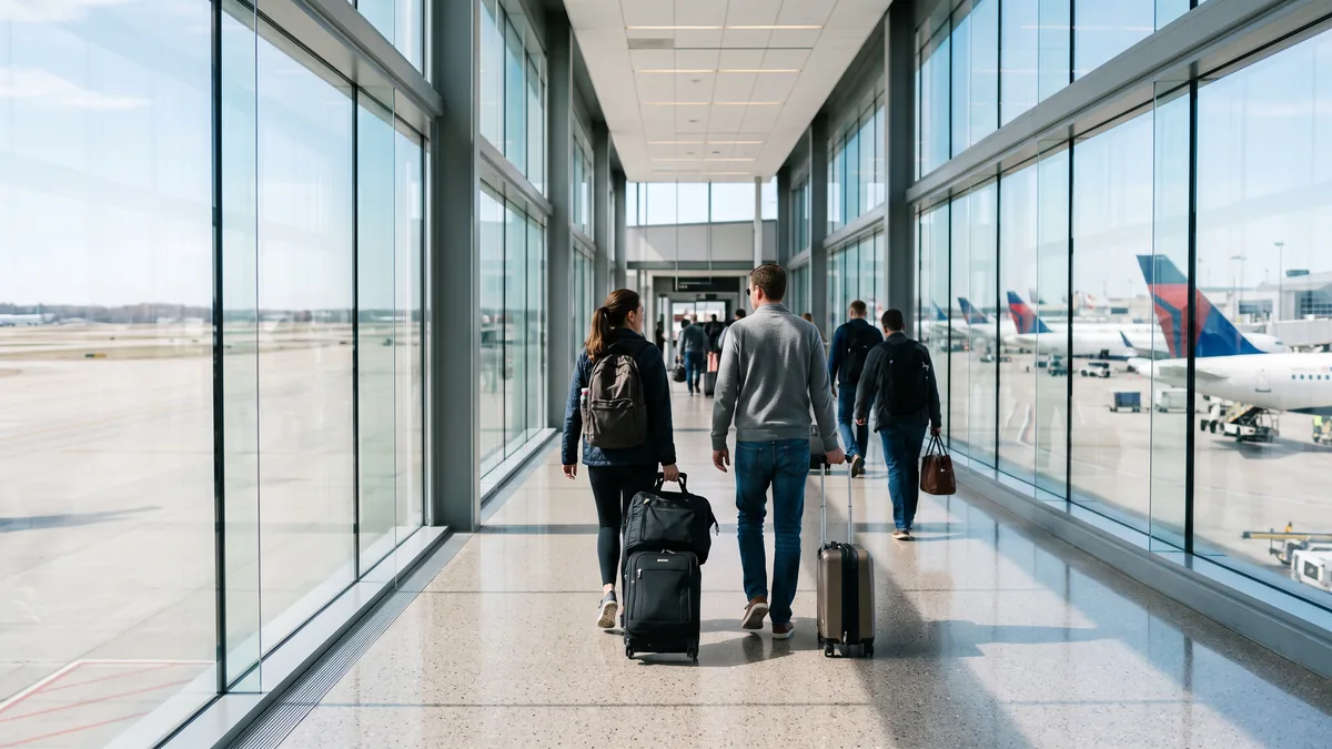 Viajeros con equipaje de mano caminan por el pasillo de conexiones de un aeropuerto