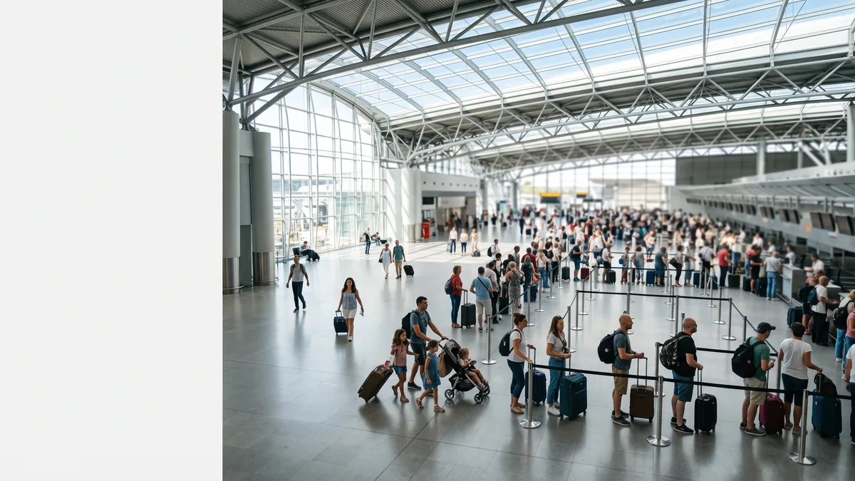 El hall de salidas de un aeropuerto lleno de viajeros con maletas en temporada alta