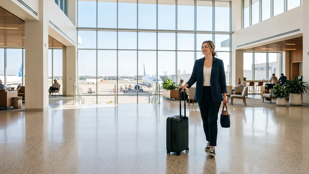Un viajero cruza el lobby de un hotel con aviones visibles por la ventana