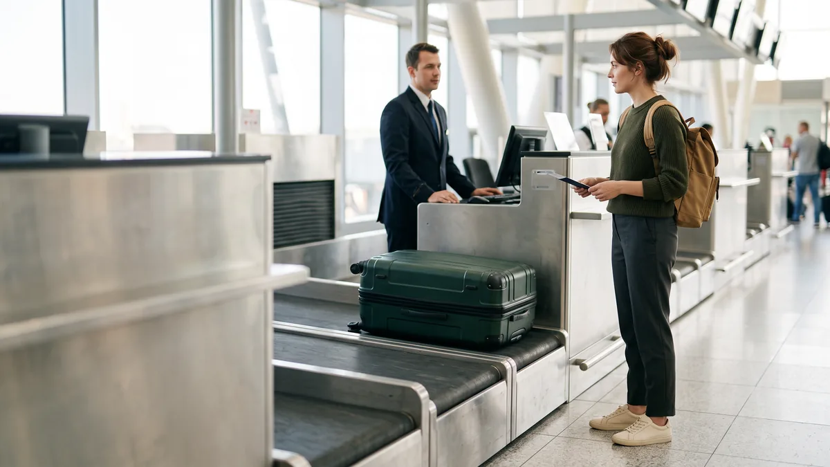 Una maleta sobre la cinta del mostrador de check-in, con la pasajera esperando al lado
