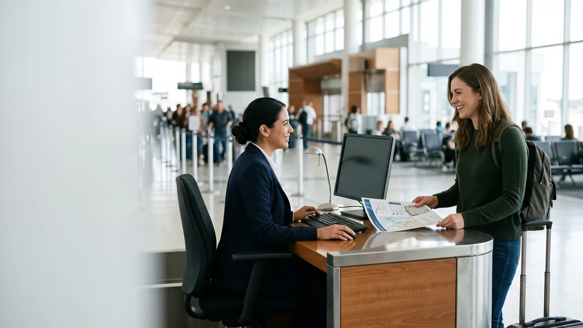 Una viajera conversa con el agente en el mesón de la aerolínea, con su itinerario sobre el mesón