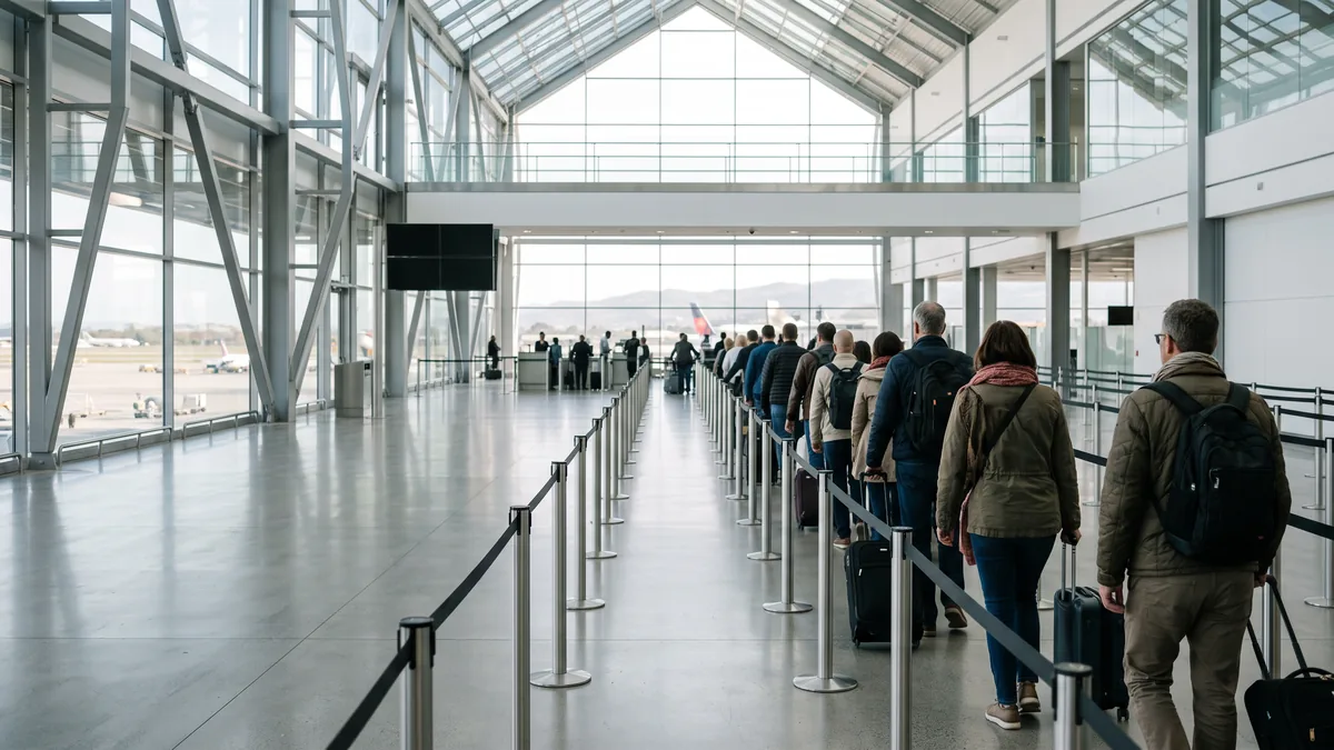 Viajeros hacen fila en el hall de llegadas de un aeropuerto iluminado