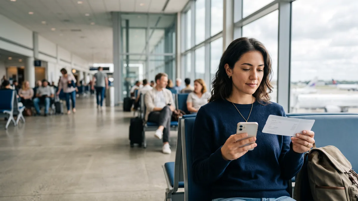 Un viajero revisa dos contadores distintos en su teléfono, con el pasaje en la otra mano