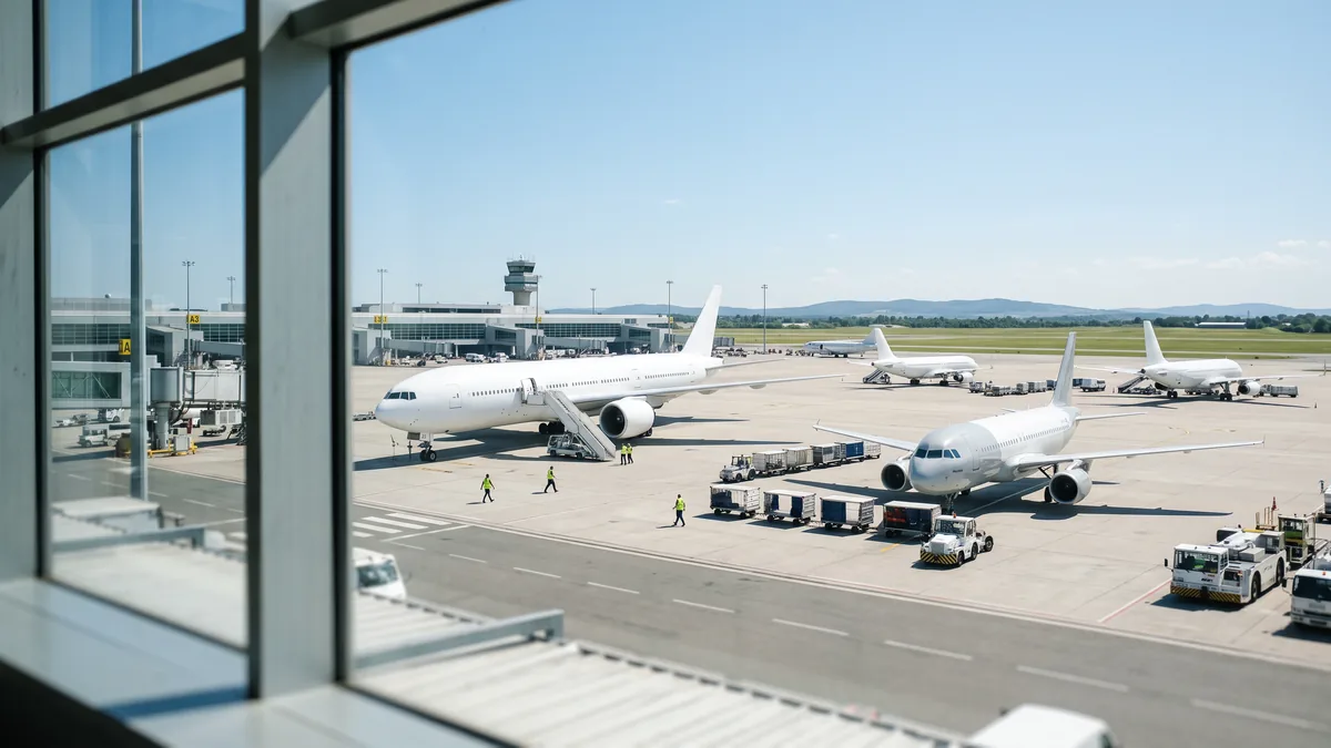 Varios aviones distintos estacionados en la losa, vistos desde el terminal
