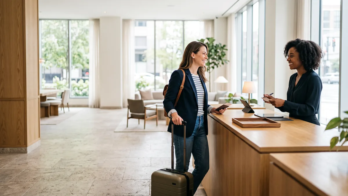 Un viajero hace el check-in en la recepción de un hotel, con su maleta al lado