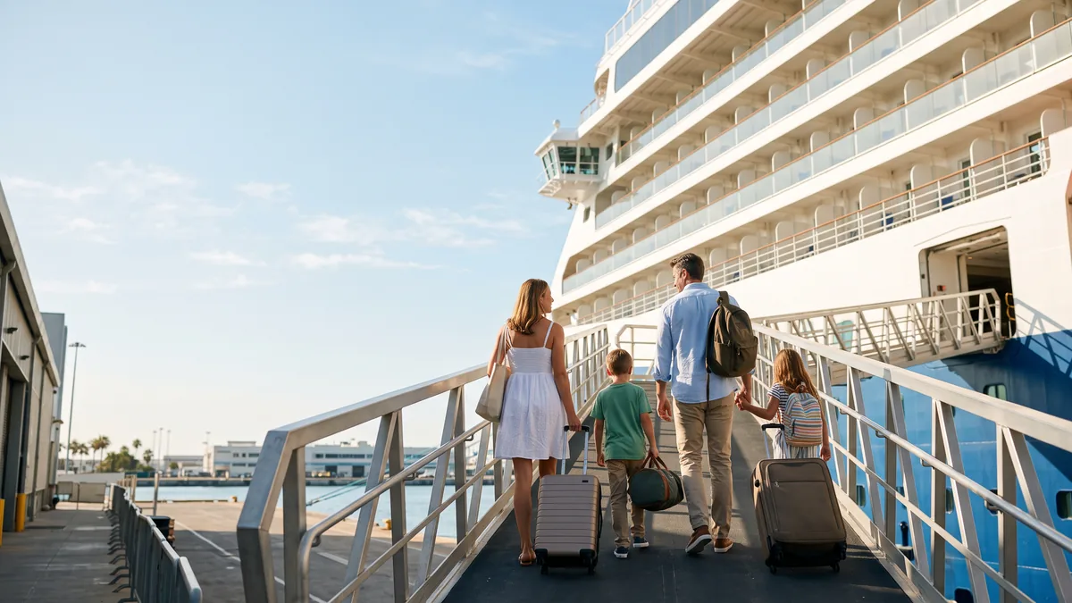 Una familia con equipaje sube por la rampa de embarque hacia un crucero en el puerto