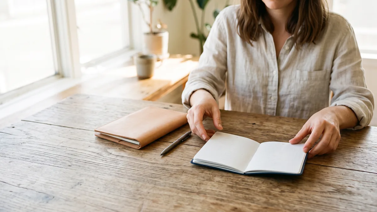 Un pasaporte abierto sobre la mesa junto a un lápiz y una carpeta