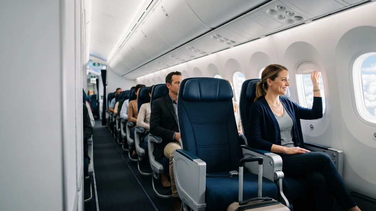 La cabina premium economy de un avión, con asientos anchos y un pasajero acomodándose