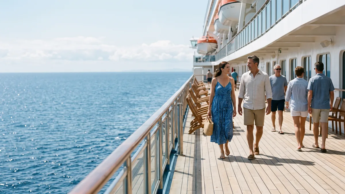Pasajeros caminan por la cubierta abierta de un crucero, con el mar al costado