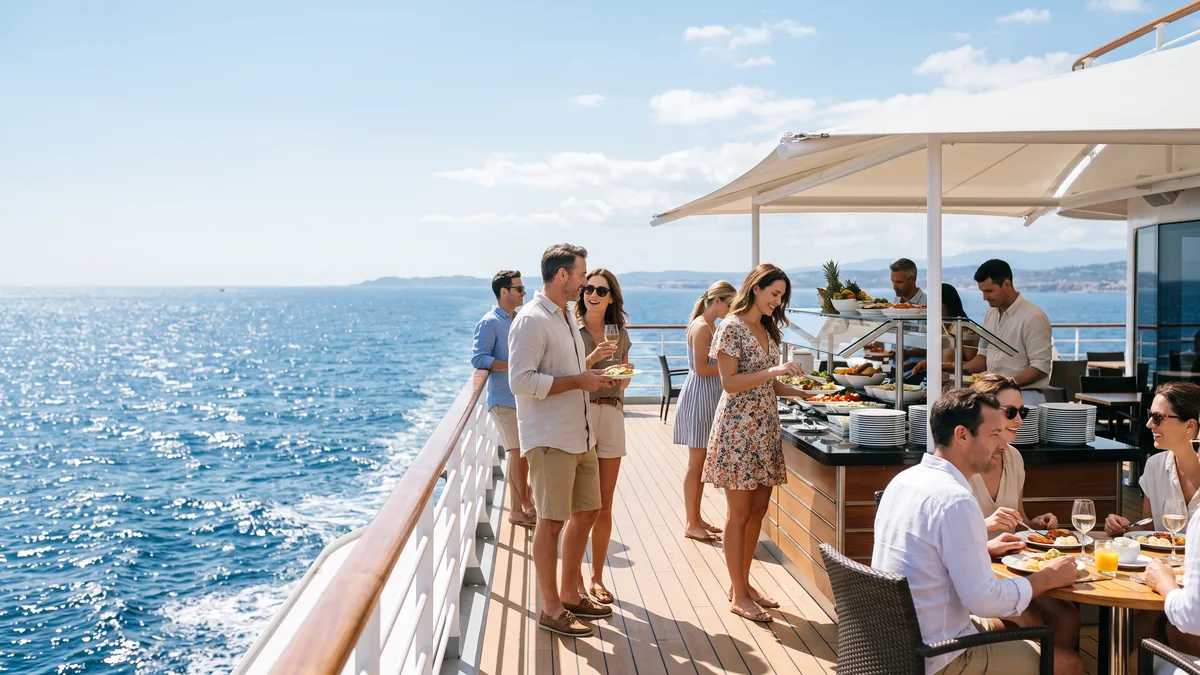 Pasajeros en la cubierta del bufé de un crucero, con el mar al fondo