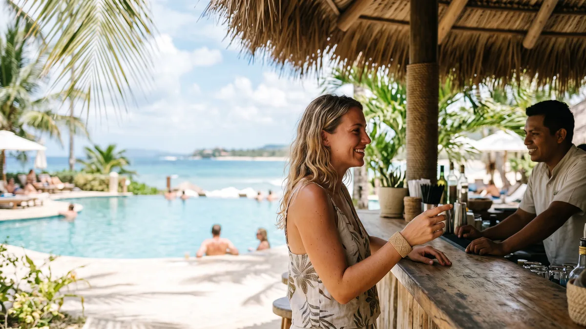 Un huésped pide en el bar de un resort junto a la piscina, con la pulsera en la muñeca