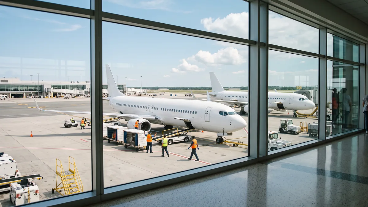 Dos aviones estacionados en puertas contiguas, vistos desde el ventanal del terminal