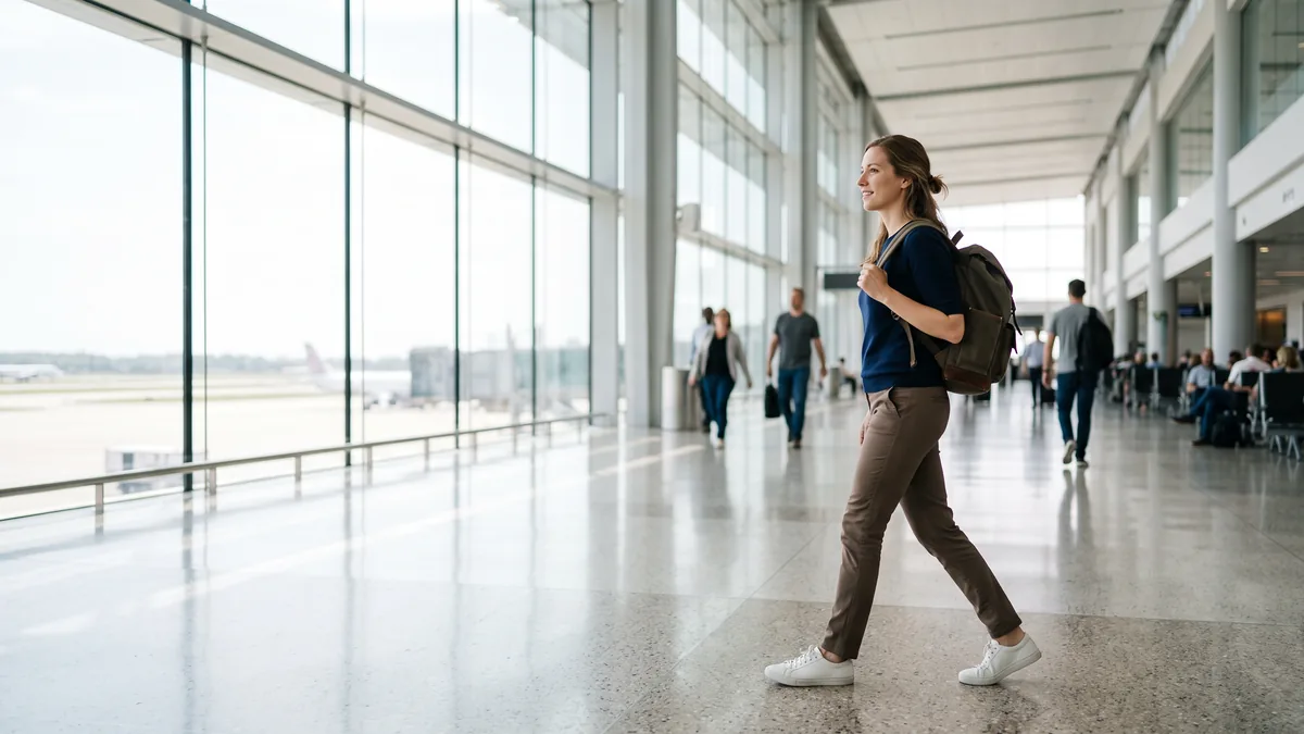 Un viajero cruza el terminal solo con una mochila, sin maleta
