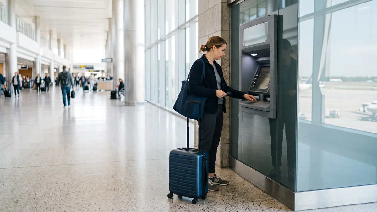 Un viajero retira efectivo en un cajero del aeropuerto, con su maleta al lado