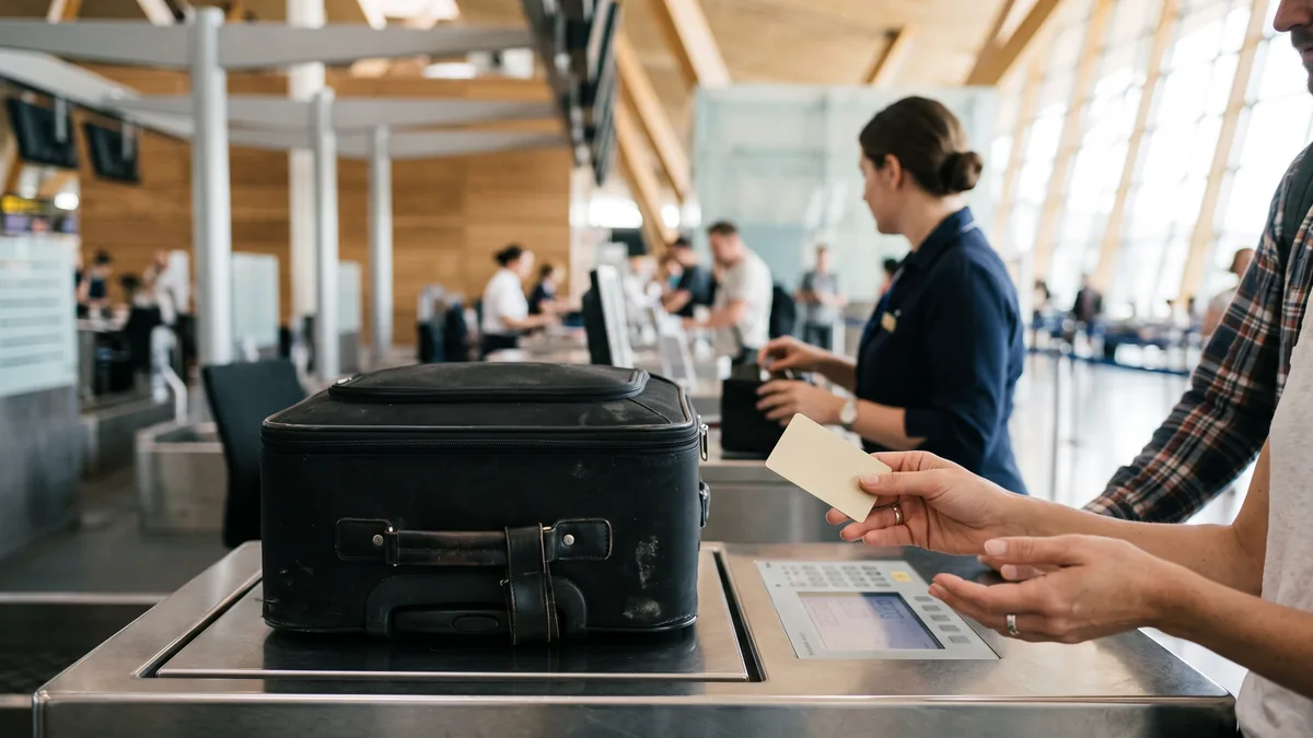 Una maleta sobre la balanza del mostrador de check-in, mientras el pasajero extiende su tarjeta