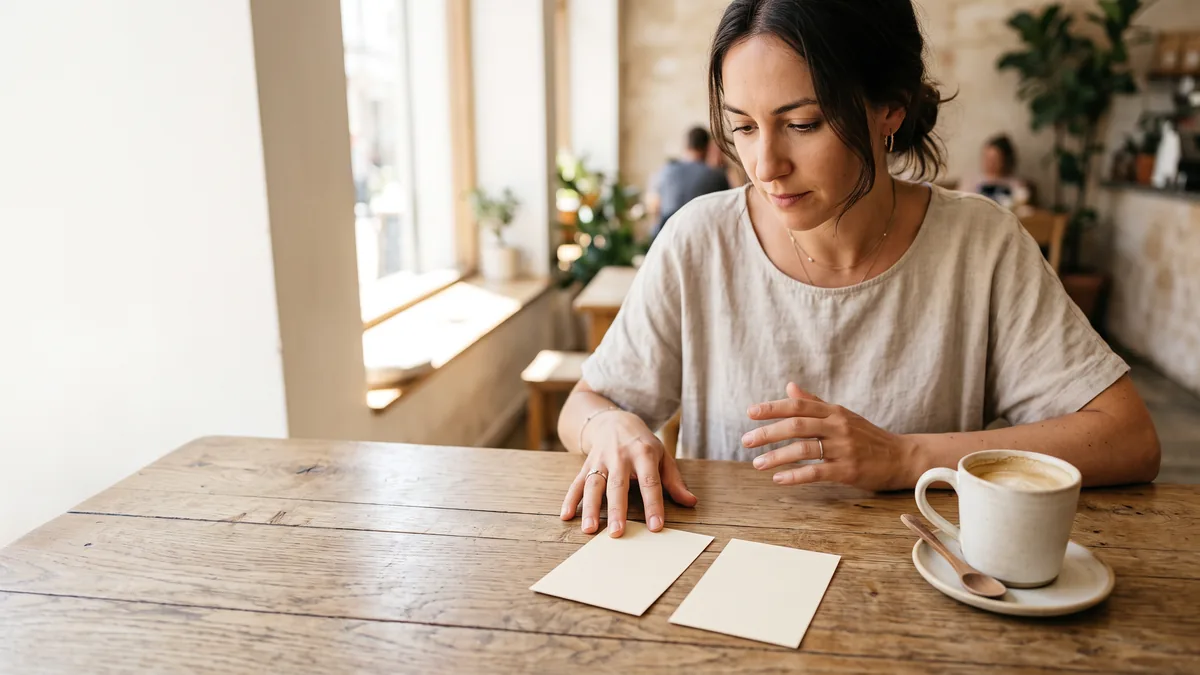 Dos tarjetas sin marca sobre la mesa mientras alguien decide cuál usar