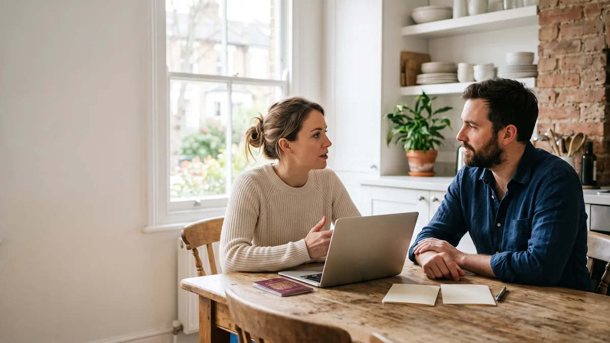 Una pareja conversa en la mesa de su casa, con dos tarjetas y un pasaporte sobre la mesa