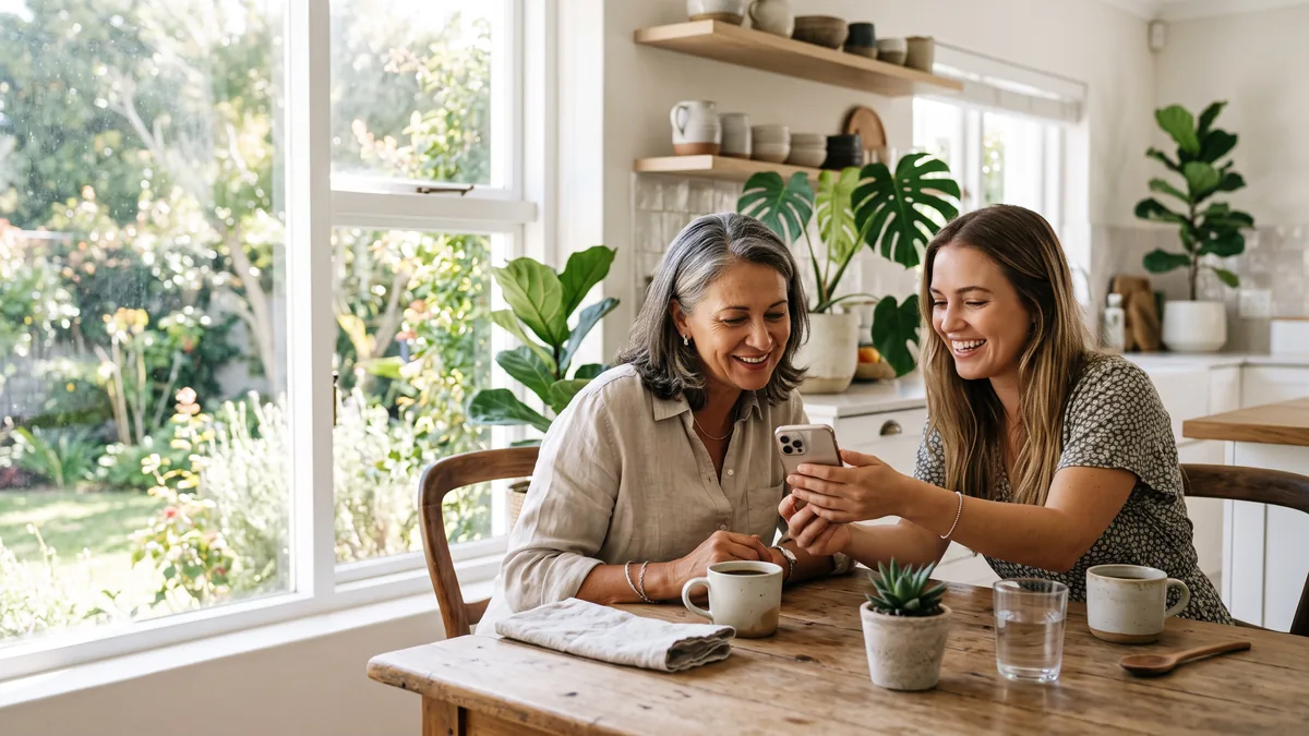 Una madre y su hija miran juntas la pantalla de un teléfono en la cocina