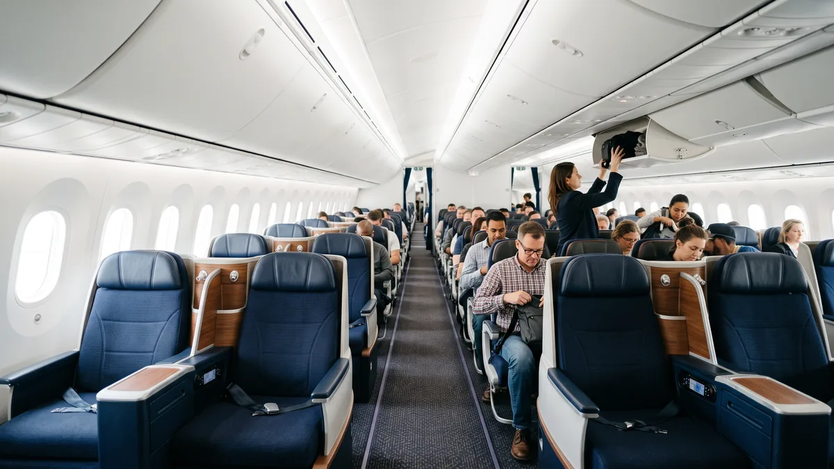 El pasillo de la cabina de un avión, con los asientos de business adelante y pasajeros acomodándose atrás
