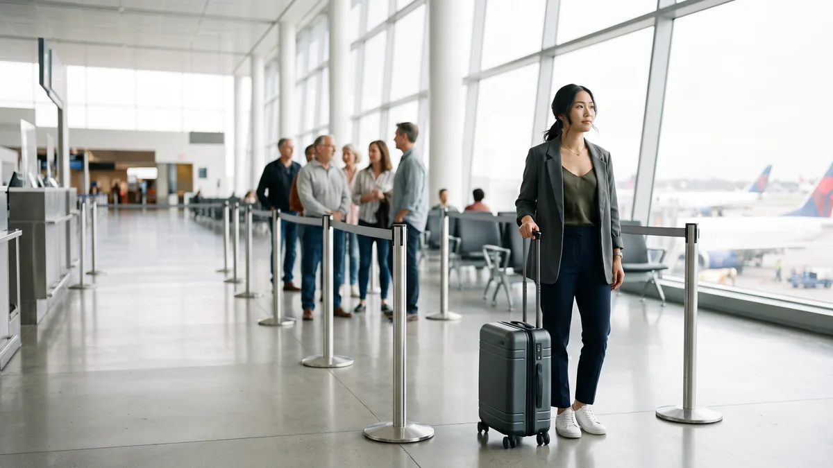 Un viajero espera en la fila de embarque preferente mientras el resto hace su propia fila