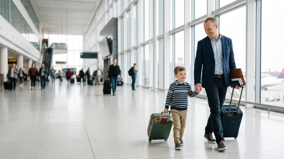 Un padre y su hijo con maletas en el aeropuerto, él con una carpeta de documentos