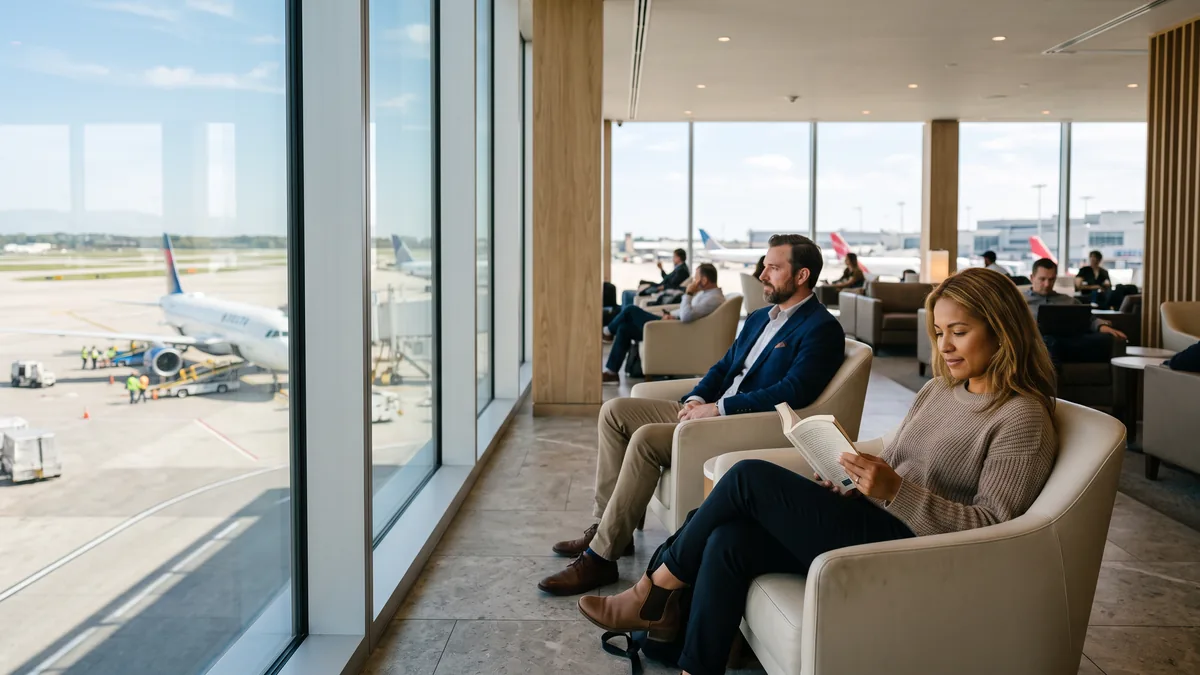 Viajeros descansando en un salón de aerolínea luminoso, con ventanales hacia la pista